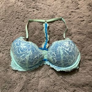 Blue lace racer back bra